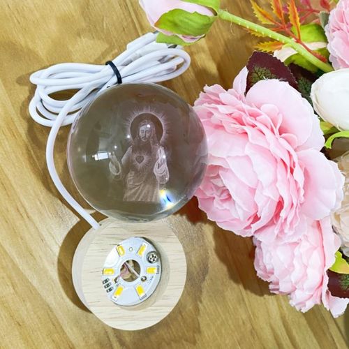 Souvenir Gifts Custom 6cm Christian Jesus Cross Crystal Ball 3D Laser Engraved Religious Night Light Glass Ball Decor