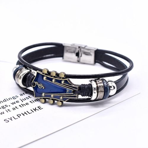 Vintage Guitar Leather Braided Bracelet, Zinc Alloy Music Note Snap Button Bracelet with Stainless Steel Buckle