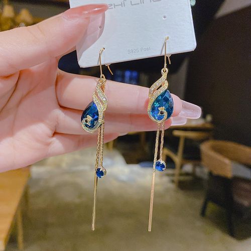 Hypoallergenic faceted blue glass crystal long dangle earrings, retro peacock long tassel earrings