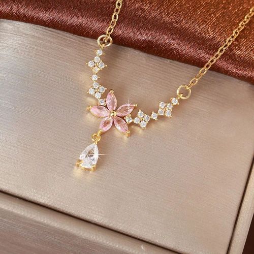 Gold‑Plated Zircon Teardrop Pendant Necklace, Cherry Blossom Teardrop Necklace, Clavicle Chain