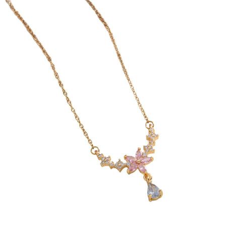 Gold‑Plated Zircon Teardrop Pendant Necklace, Cherry Blossom Teardrop Necklace, Clavicle Chain