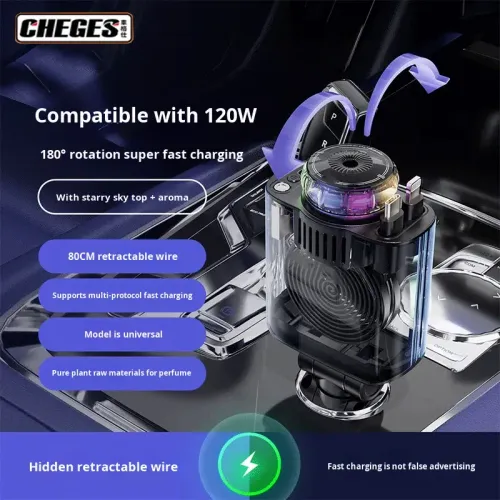 120W Super Fast Charging Car Charger with Retractable Cable, Starry Light & Aroma Diffuser, Compatible with Laptops, Tablets and Mobile Phones