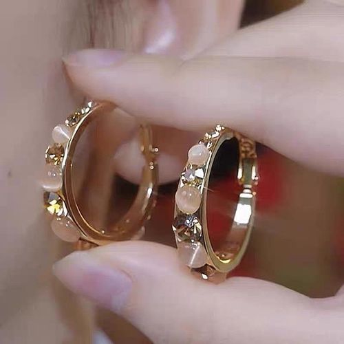 Coffee Color Cat's Eye Hoop Earrings, Fashion Sparkling Buckle Earrings, Geometric Zircon Earrings