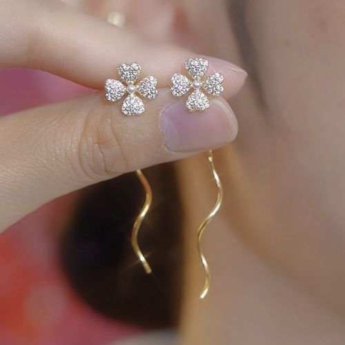 Four‑Leaf Clover Floral Tassel Threader Earrings, Unique Curved Design, High‑End Elegant Ear Jewelry