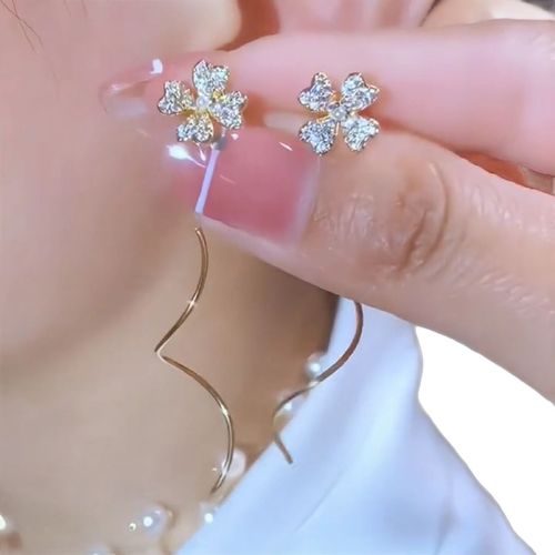Four‑Leaf Clover Floral Tassel Threader Earrings, Unique Curved Design, High‑End Elegant Ear Jewelry