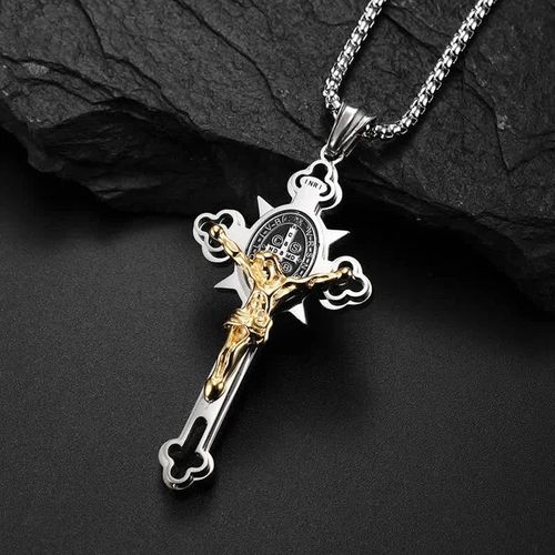 Pendentif Croix Trèfle 24" Chaîne Figaro Style Hip Hop Plaqué Or