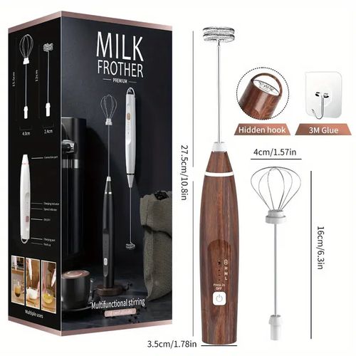 Mousseur à café portatif 1pc, mousseur à main rechargeable par USB, avec 2 fouets en acier inoxydable, mousseur à lait portatif réglable à 3 vitesses pour cappuccinos, chocolat chaud, milkshakes, mélange d'œufs