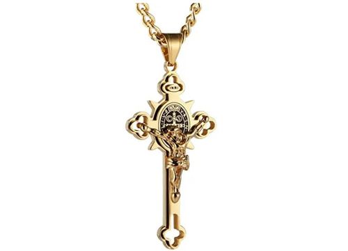 Pendentif Croix Trèfle 24" Chaîne Figaro Style Hip Hop Plaqué Or