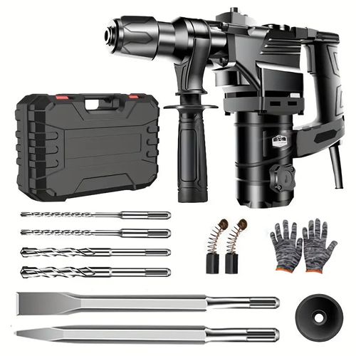 Industrial Power Tools Set with Electric Hammer, Drill, and Pick - 110V, Includes Tool Box for Wall Demolition Drilling and Demolition Hammering