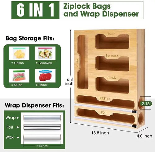 Bamboo Ziplock Bag Organizer And Foil And Plastic Wrap Organizer, Aluminum Foil Organization And Storage, Plastic Wrap Dispenser With Cutter For Kitchen Drawer For Gallon, Quart, Sandwich, Snack, Kitchen Supplies