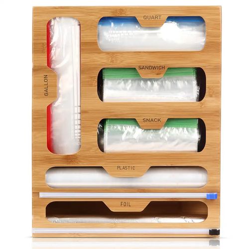 Bamboo Ziplock Bag Organizer And Foil And Plastic Wrap Organizer, Aluminum Foil Organization And Storage, Plastic Wrap Dispenser With Cutter For Kitchen Drawer For Gallon, Quart, Sandwich, Snack, Kitchen Supplies