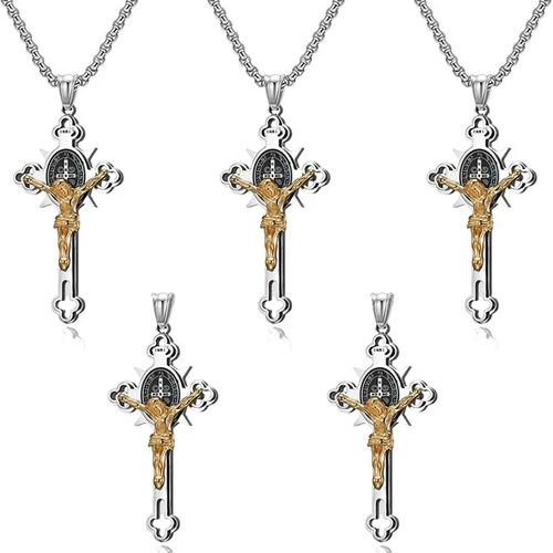 Pendentif Croix Trèfle 24" Chaîne Figaro Style Hip Hop Plaqué Or