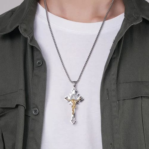 Pendentif Croix Trèfle 24" Chaîne Figaro Style Hip Hop Plaqué Or