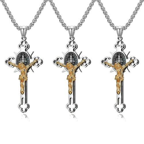 Pendentif Croix Trèfle 24" Chaîne Figaro Style Hip Hop Plaqué Or