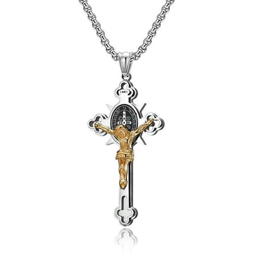 Pendentif Croix Trèfle 24" Chaîne Figaro Style Hip Hop Plaqué Or