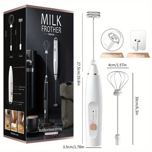 Mousseur à café portatif 1pc, mousseur à main rechargeable par USB, avec 2 fouets en acier inoxydable, mousseur à lait portatif réglable à 3 vitesses pour cappuccinos, chocolat chaud, milkshakes, mélange d'œufs