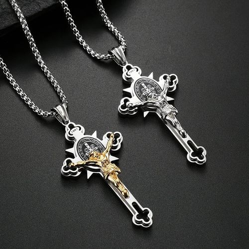 Pendentif Croix Trèfle 24" Chaîne Figaro Style Hip Hop Plaqué Or