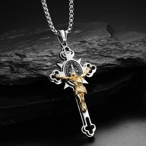 Pendentif Croix Trèfle 24" Chaîne Figaro Style Hip Hop Plaqué Or