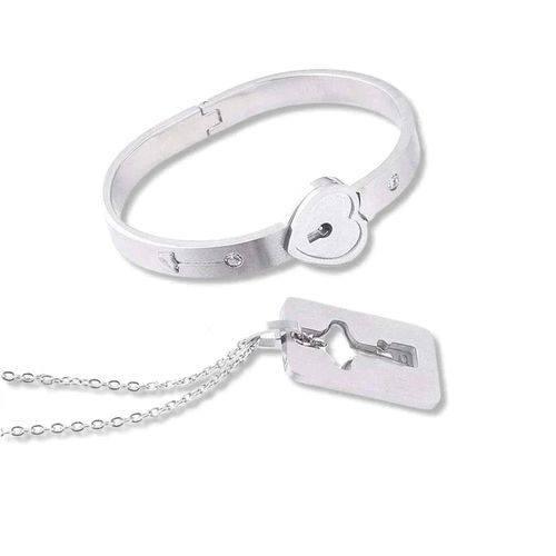 "Couple's Heart Lock Bracelet & Key Necklace Jewelry Set – Unlock Love!"