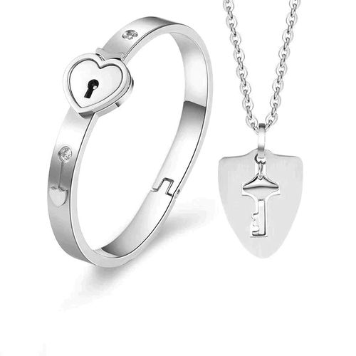 "Couple's Heart Lock Bracelet & Key Necklace Jewelry Set – Unlock Love!"