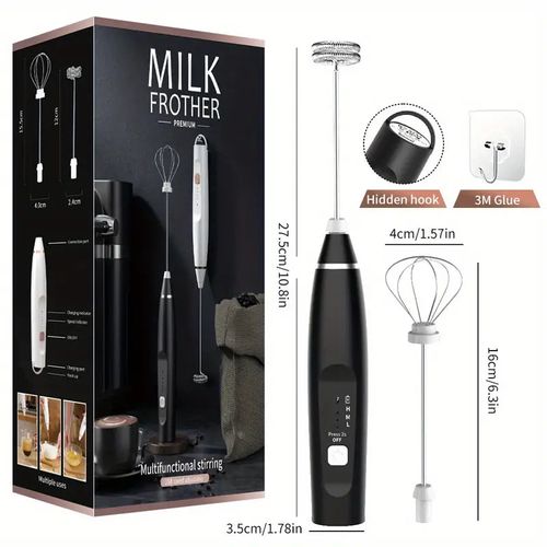 Mousseur à café portatif 1pc, mousseur à main rechargeable par USB, avec 2 fouets en acier inoxydable, mousseur à lait portatif réglable à 3 vitesses pour cappuccinos, chocolat chaud, milkshakes, mélange d'œufs