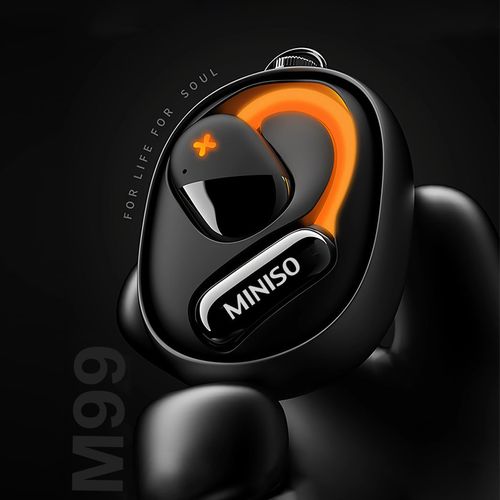 Fone de ouvido Bluetooth M99 da MINISO com fio suspenso, fones de ouvido sem fio duplos, OWS5.4, fone de ouvido para jogos com luzes giratórias e esportivo.