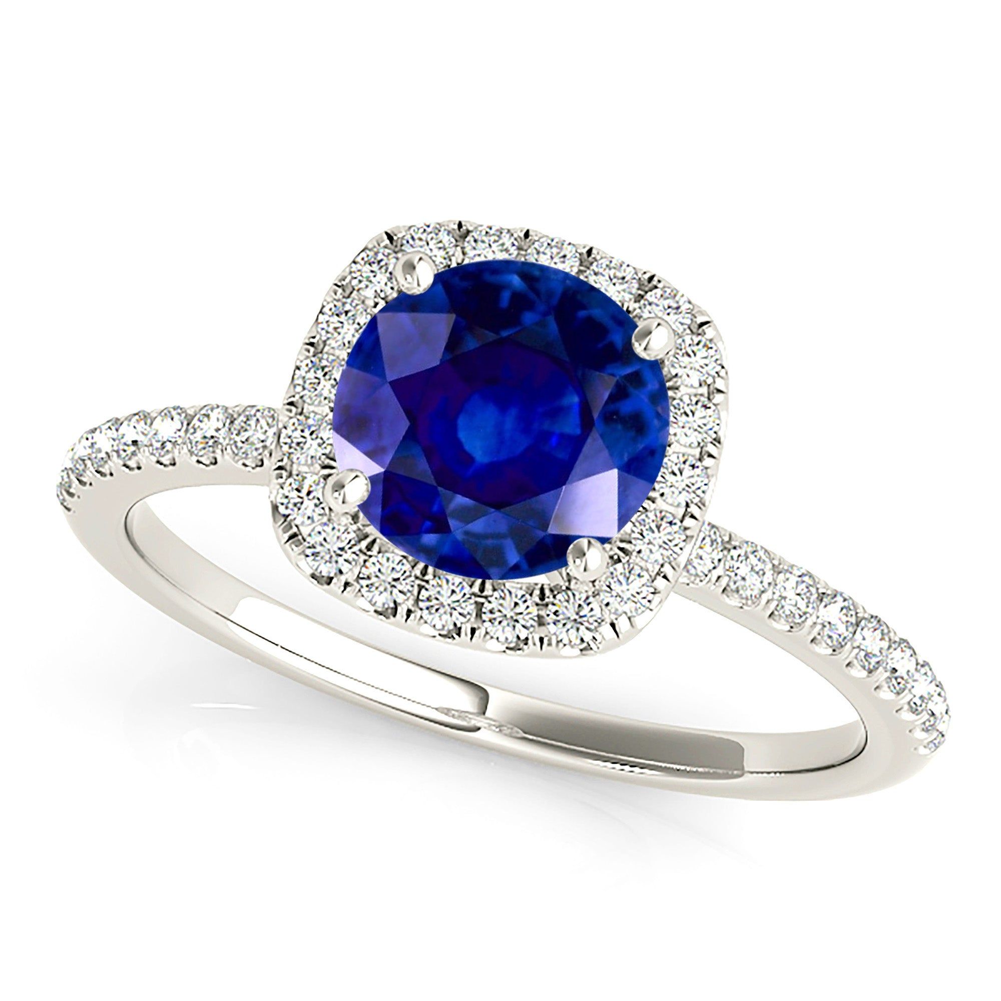 1.35 ct. Genuine Blue Round Sapphire Ring Cushion with Halo Style   Custom Wedding Band