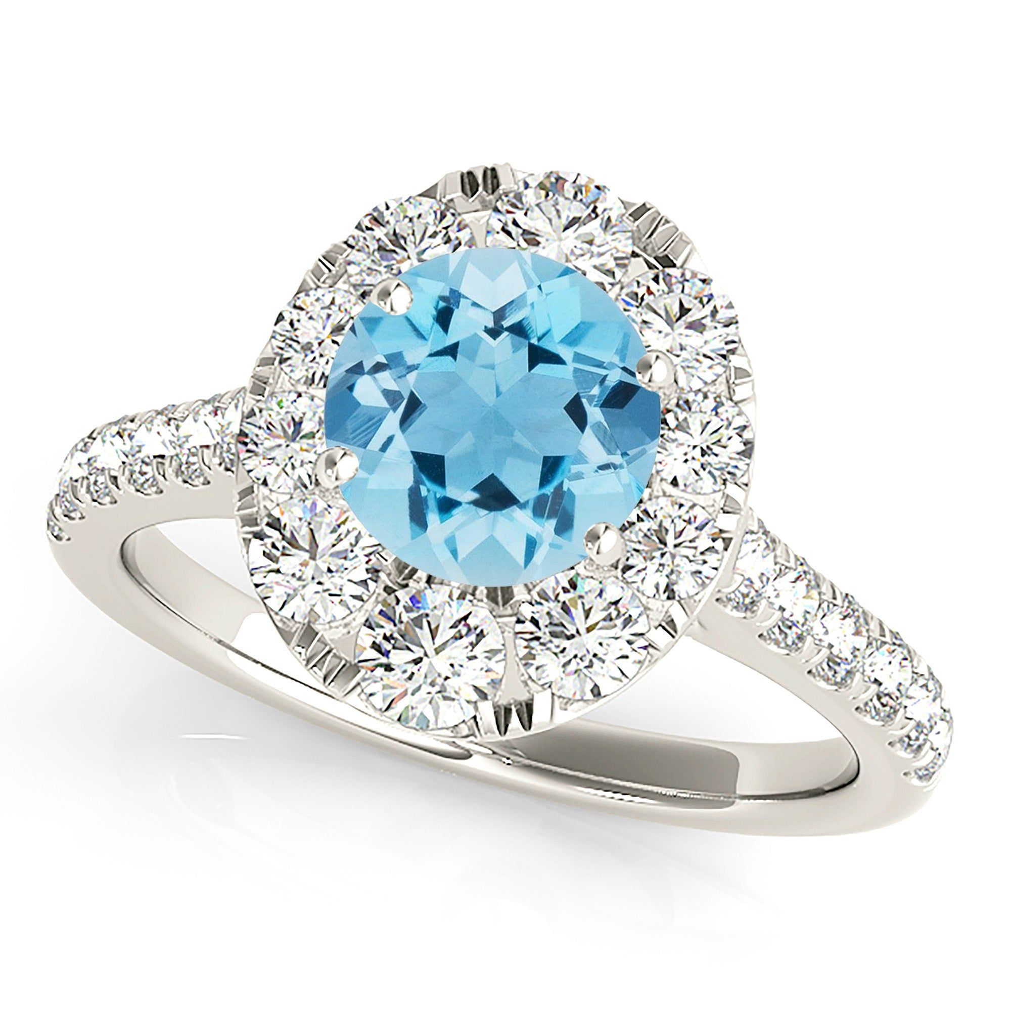 1.10 ct. Genuine Aquamarine Ring With Oval Halo And Delicate Diamond Band   Design Your Own Ring Online