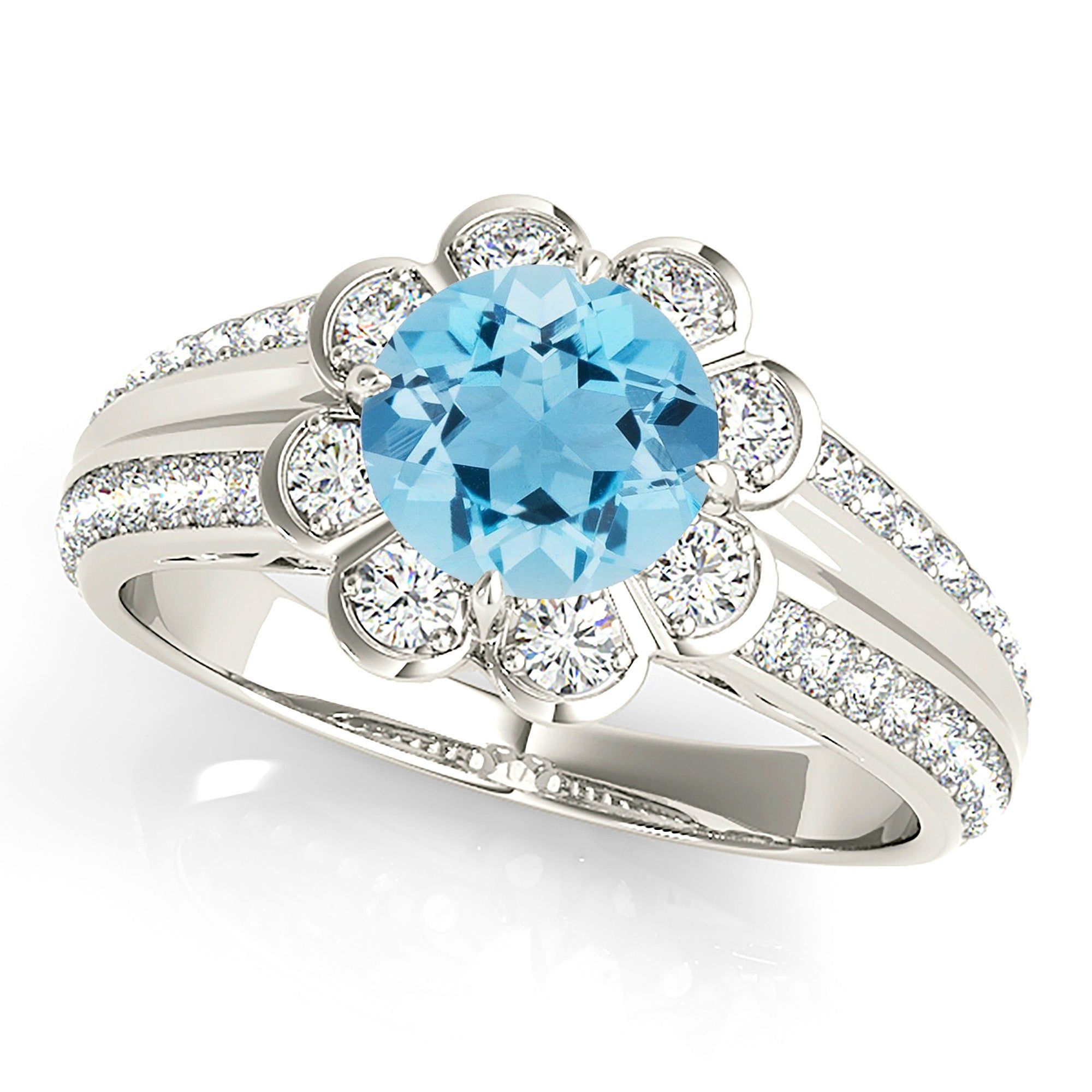 1.10 ct. Genuine Aquamarine Ring With Floral Halo, Graduating Diamond and Solid Gold Band  Custom Diamond Rings