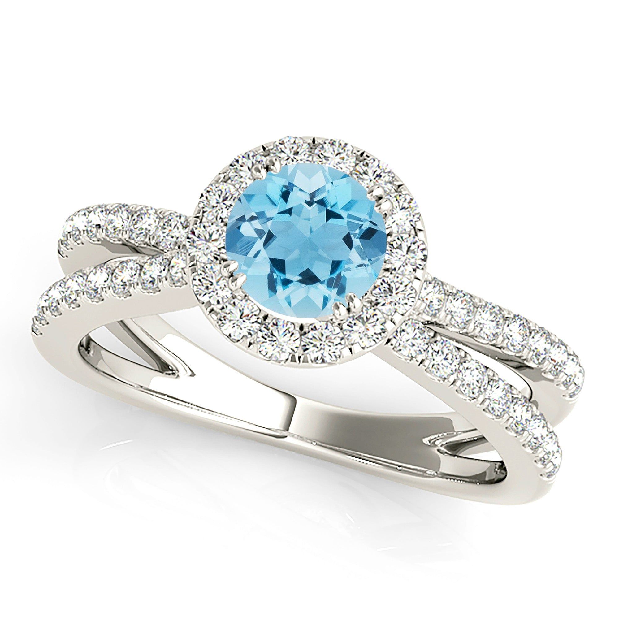 1.10 ct. Genuine Aquamarine Ring With Halo And Criss-Cross Diamond Band  Custom Diamond Rings