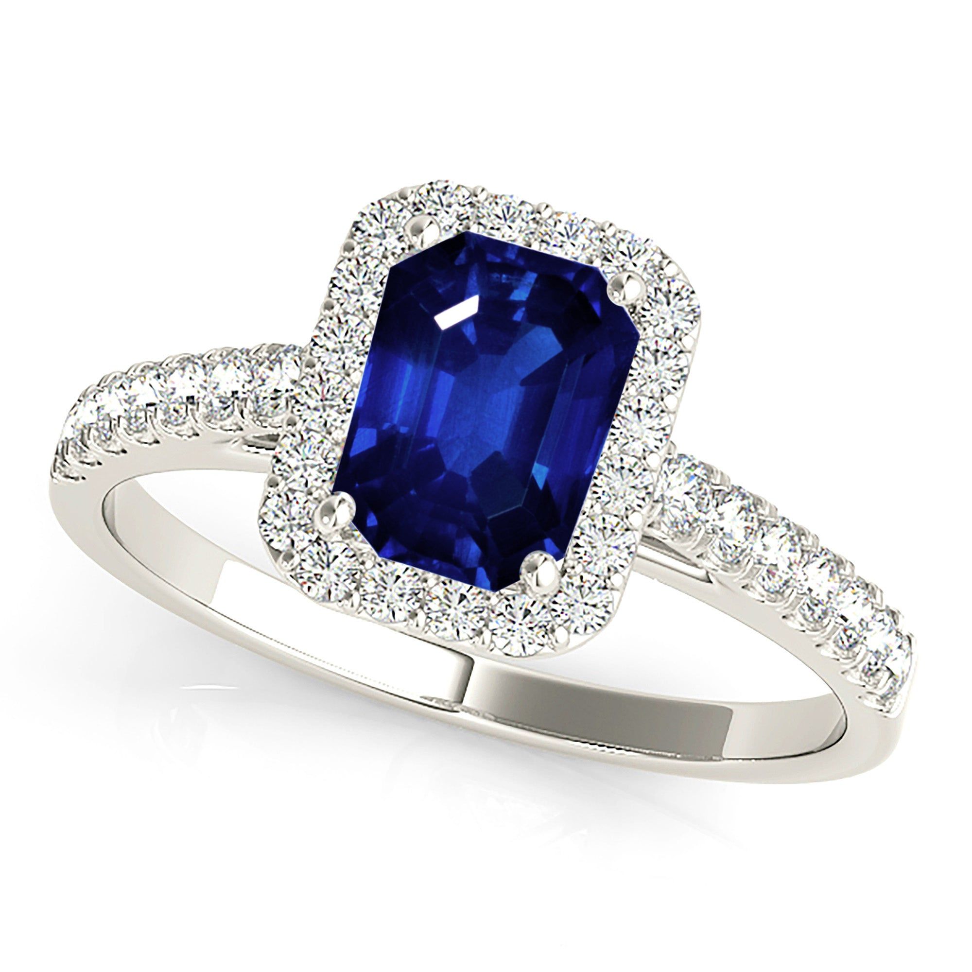 1.15 ct. Genuine Blue Emerald Cut Sapphire Ring With Halo Style  Bespoke Engagement Rings