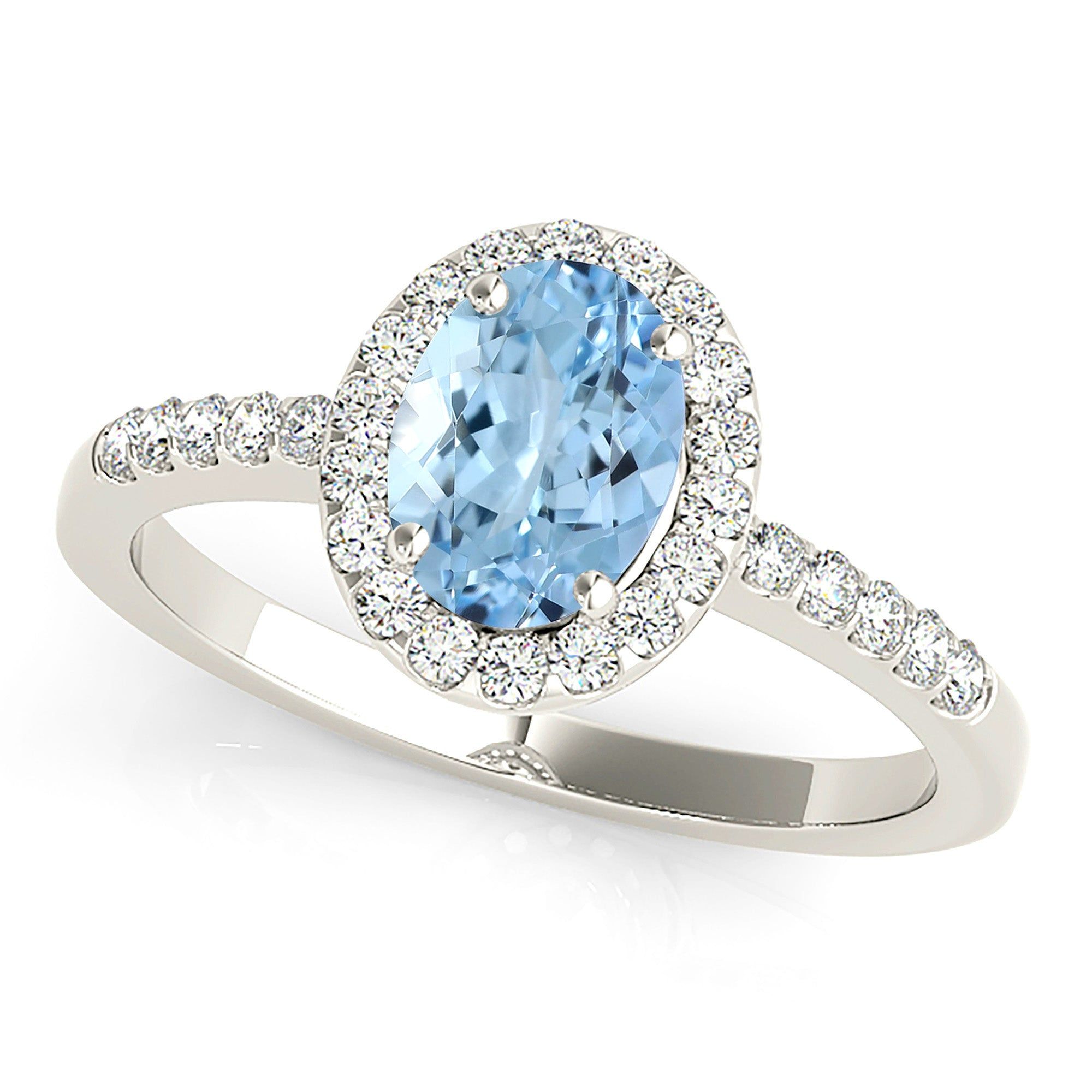 1.30 ct. Genuine Oval Aquamarine Ring With Halo and Dainty Diamond Band  Custom Bridal Jewelry