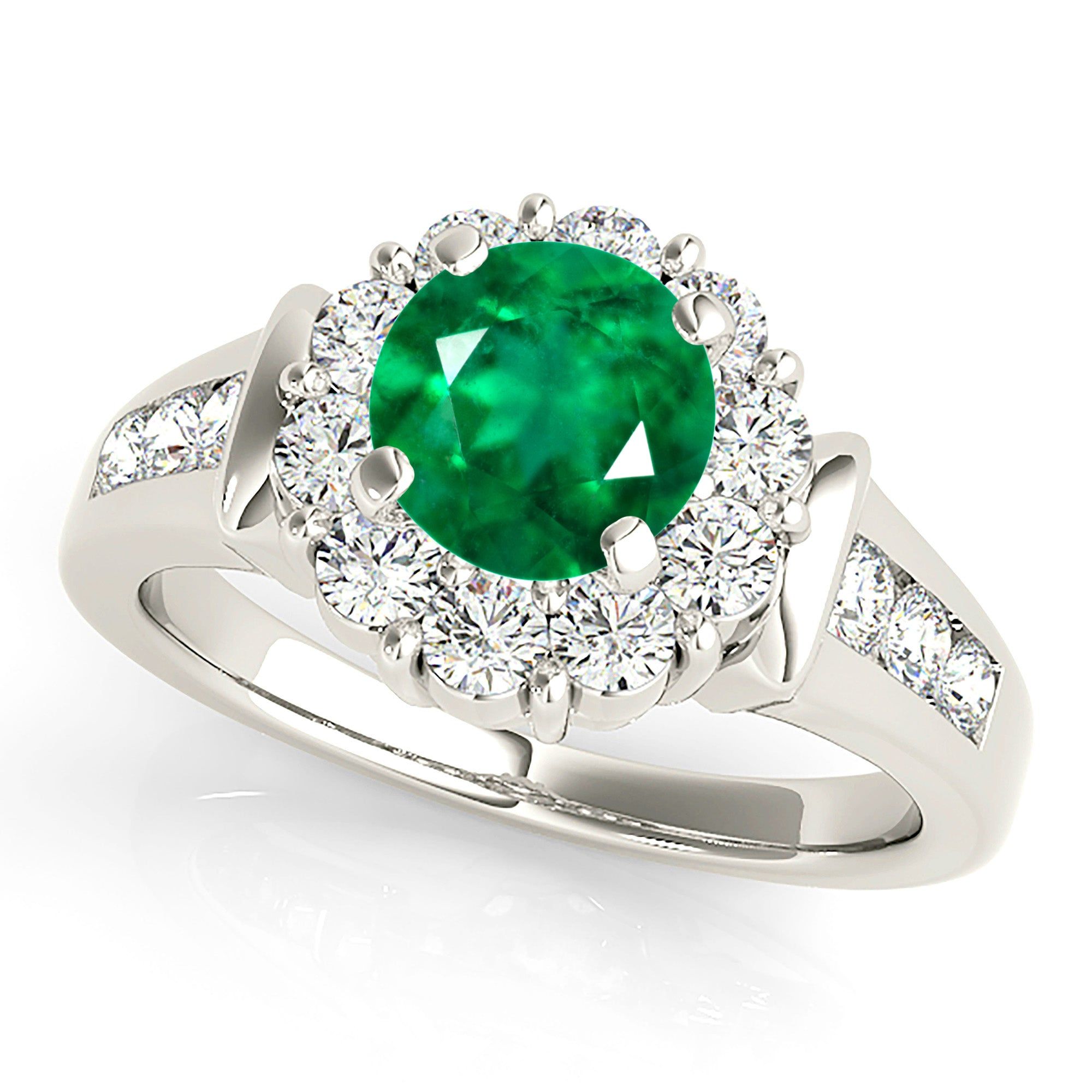 1.15 ct. Genuine Emerald Ring With Floral Halo, Solid Diamond Band Custom Made Engagement Rings