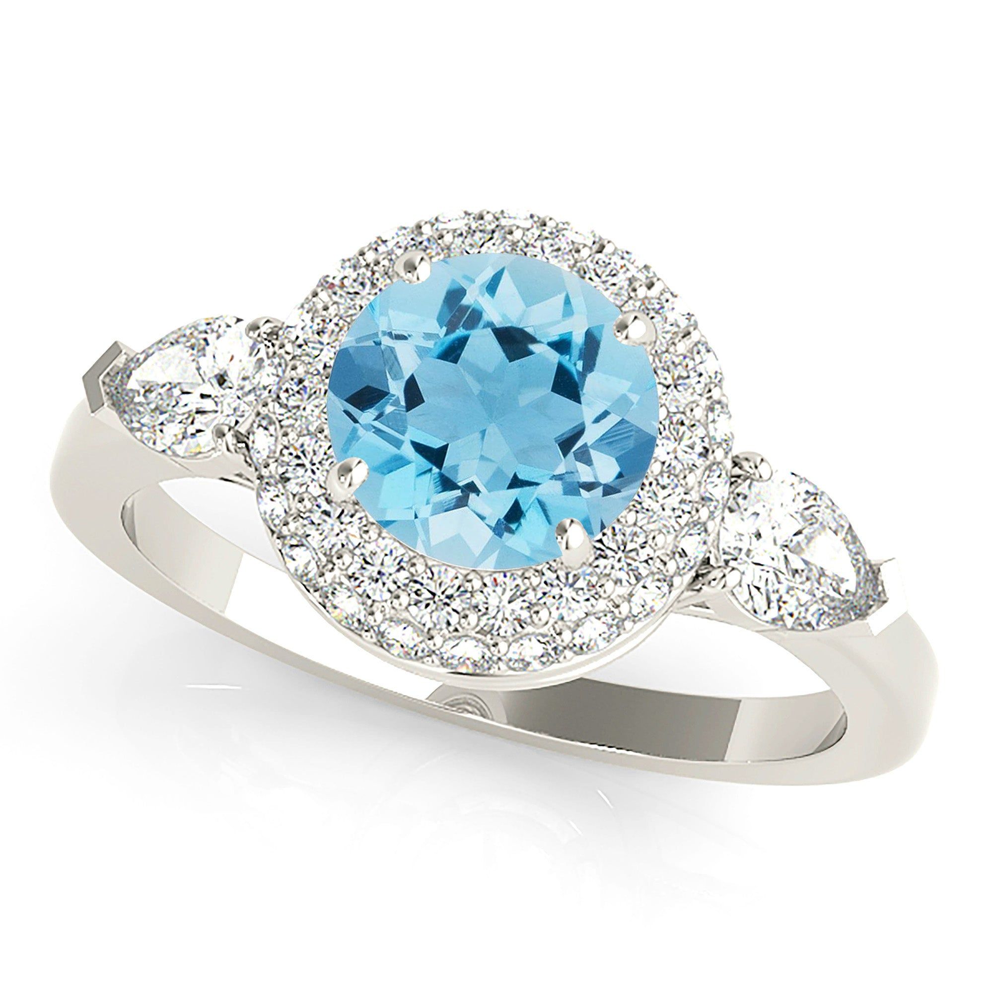 1.10 ct. Genuine Aquamarine Ring With Double Edge Halo And Side Accent Diamonds  Custom Lab Grown Diamond Engagement Rings