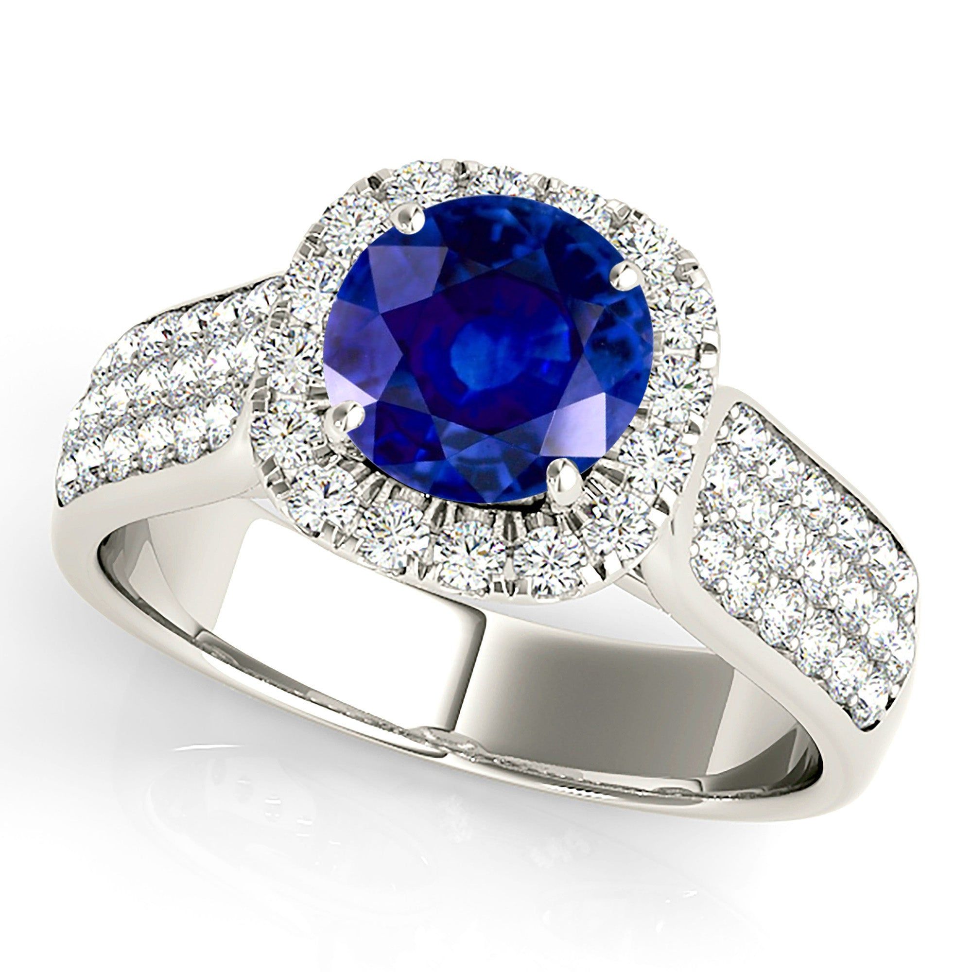 1.35 ct. Genuine Blue Round Sapphire Ring Cushion Halo Style   Custom Wedding Band