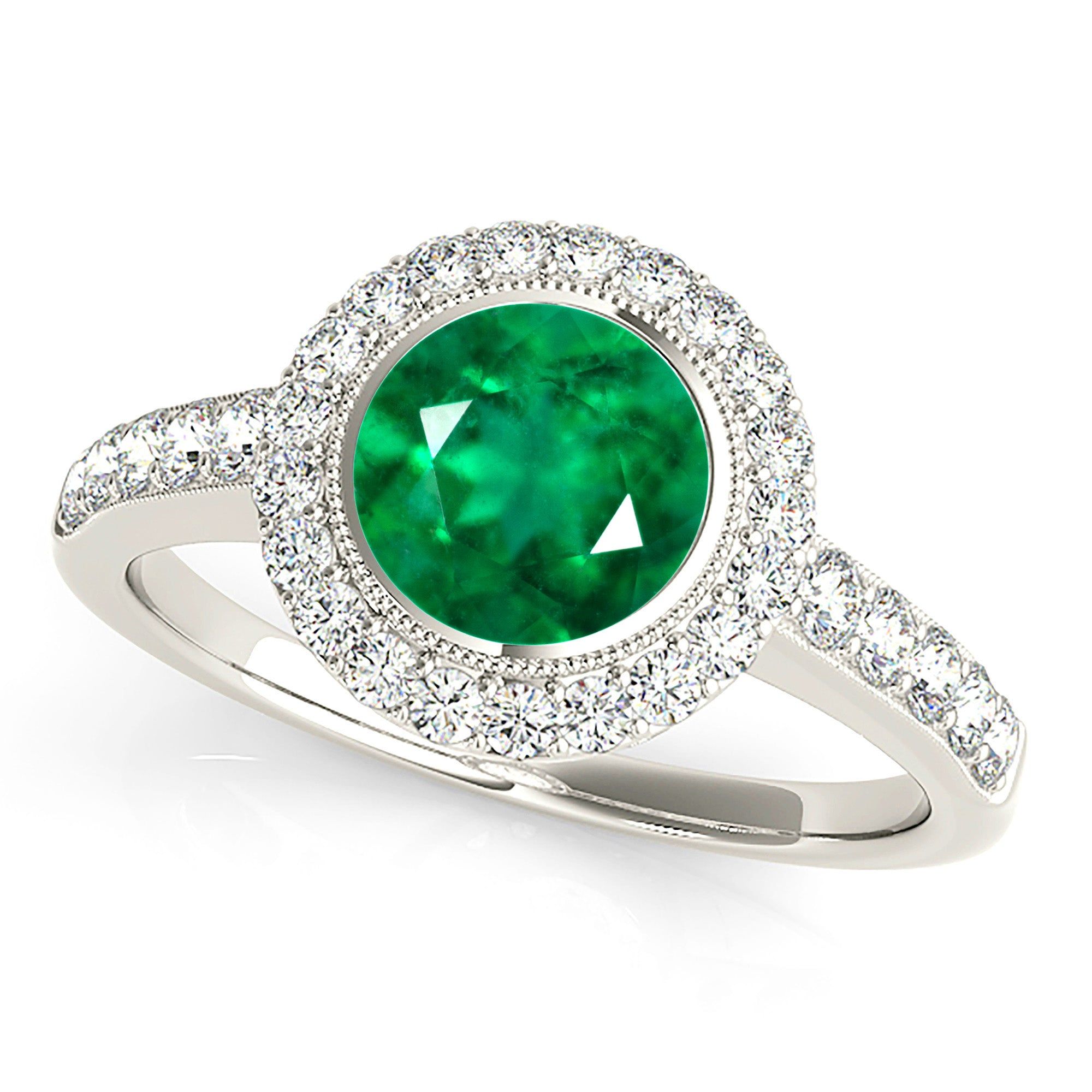 1.15 ct. Genuine Emerald Ring with Milgrain Halo And Simple Diamond Band  Design Engagement Ring Online