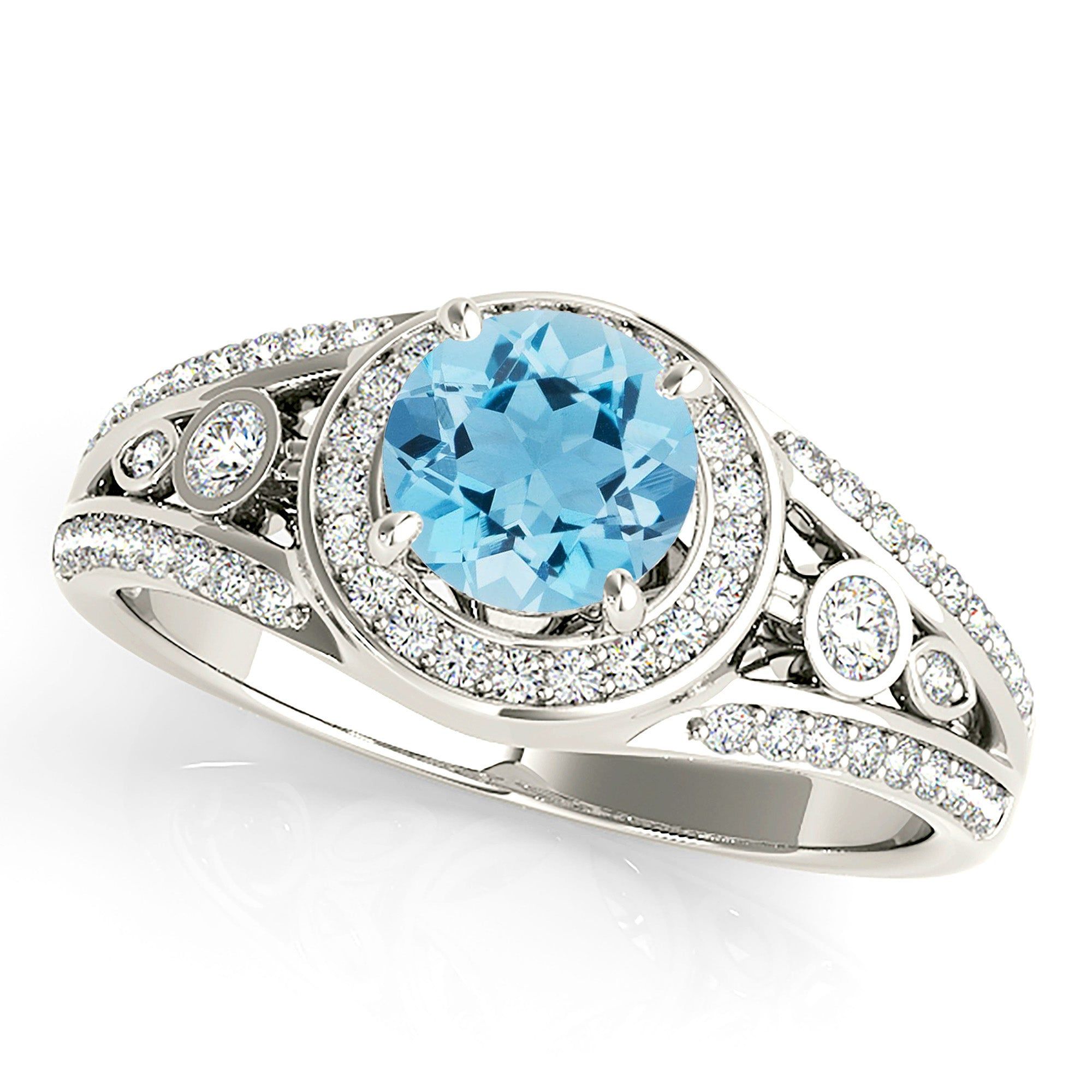 1.10 ct. Genuine Aquamarine Ring With Halo and V Shape Band  Design My Engagement Ring