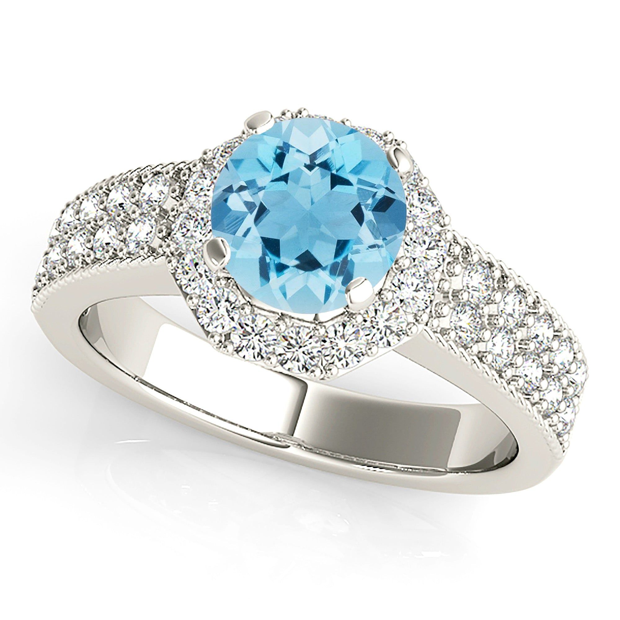 1.10 ct. Genuine Aquamarine Ring With Halo and Double Row Diamond Band  Custom Moissanite Ring