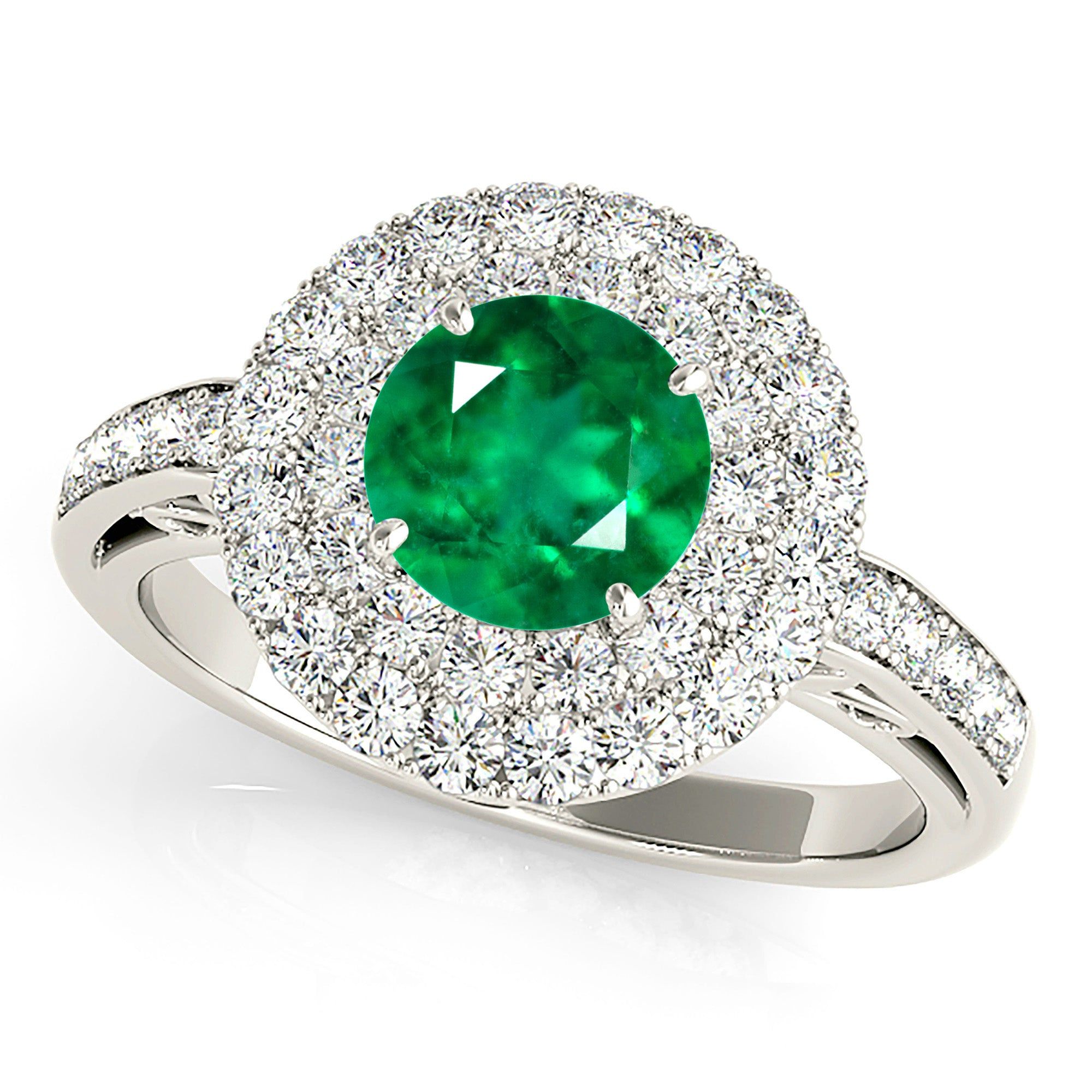 1.15 ct. Genuine Emerald Double Halo Ring With Under Halo and Side Diamonds  Bespoke Engagement Rings