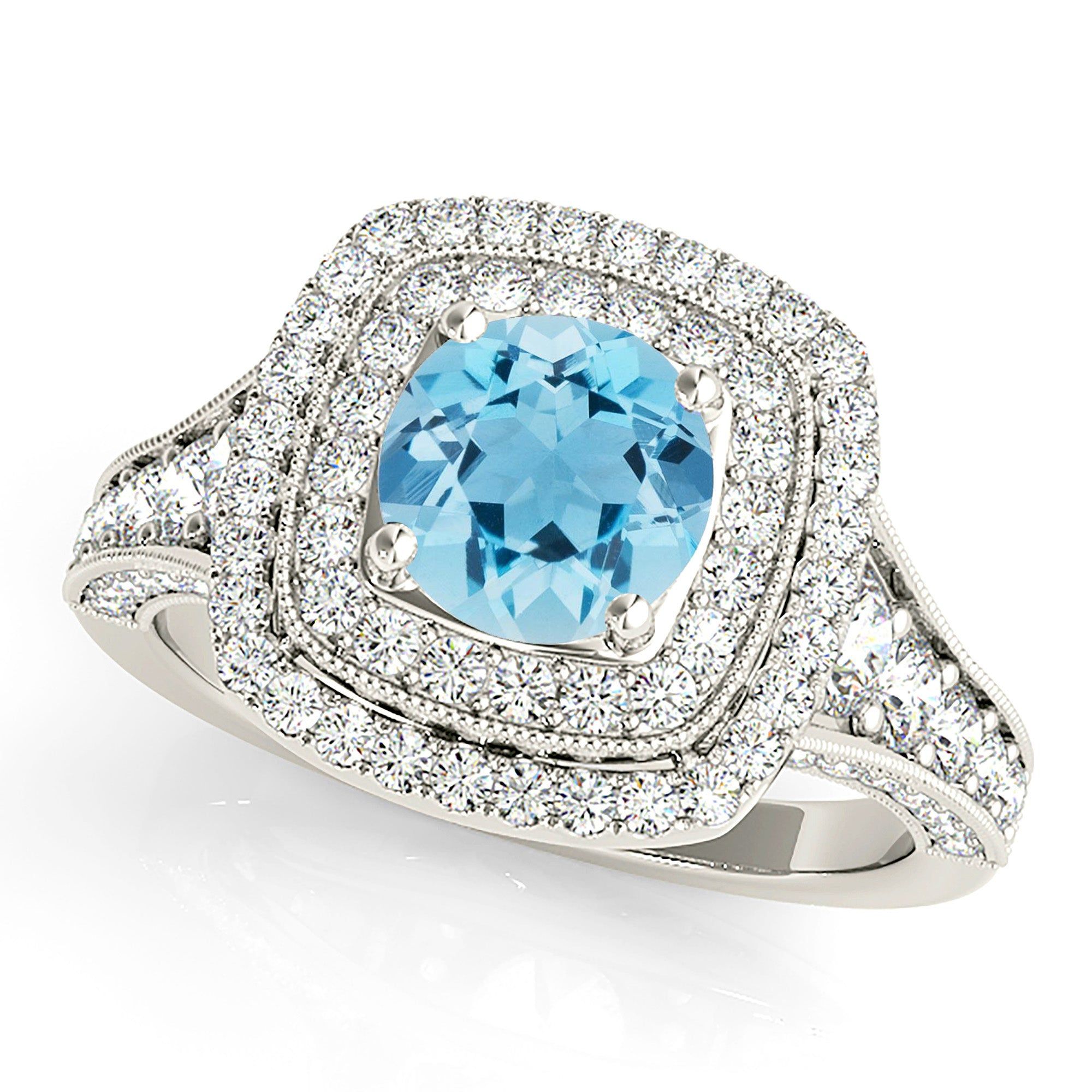 1.10 ct. Genuine Aquamarine Ring With Double Row Halo  Custom Lab Grown Diamond Engagement Rings