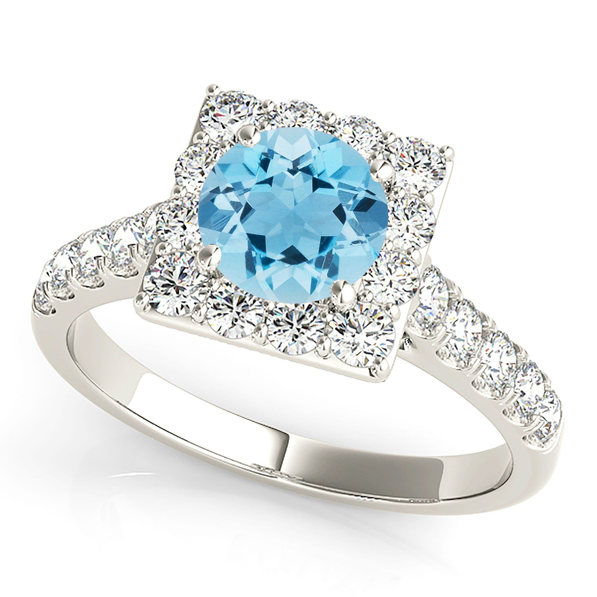 1.10 ct. Genuine Aquamarine Ring With Square Halo And Diamond Band   Design Your Own Ring Online