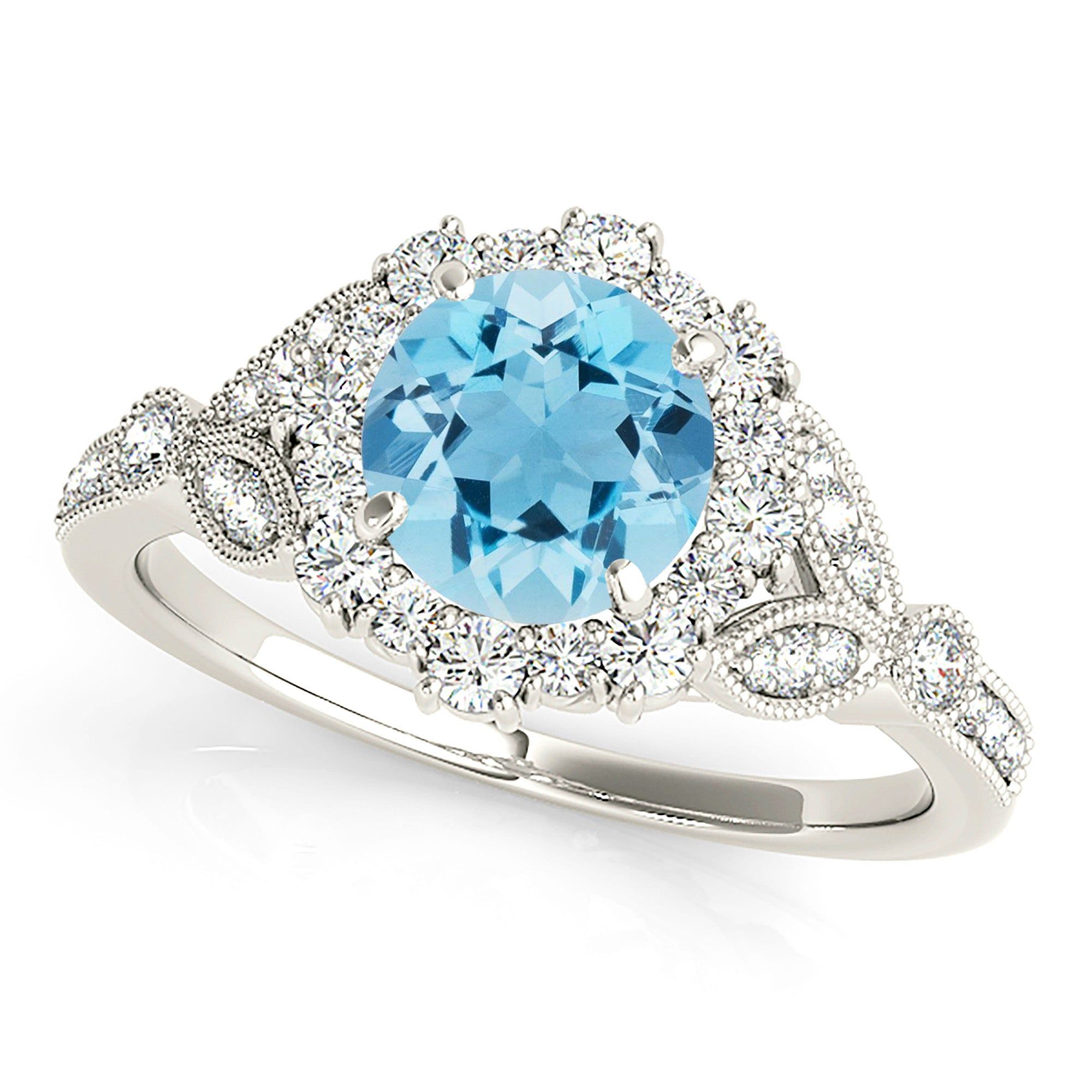 1.10 ct. Genuine Aquamarine Ring With Flower Halo, Milgrain Diamond Band  Custom Diamond Rings