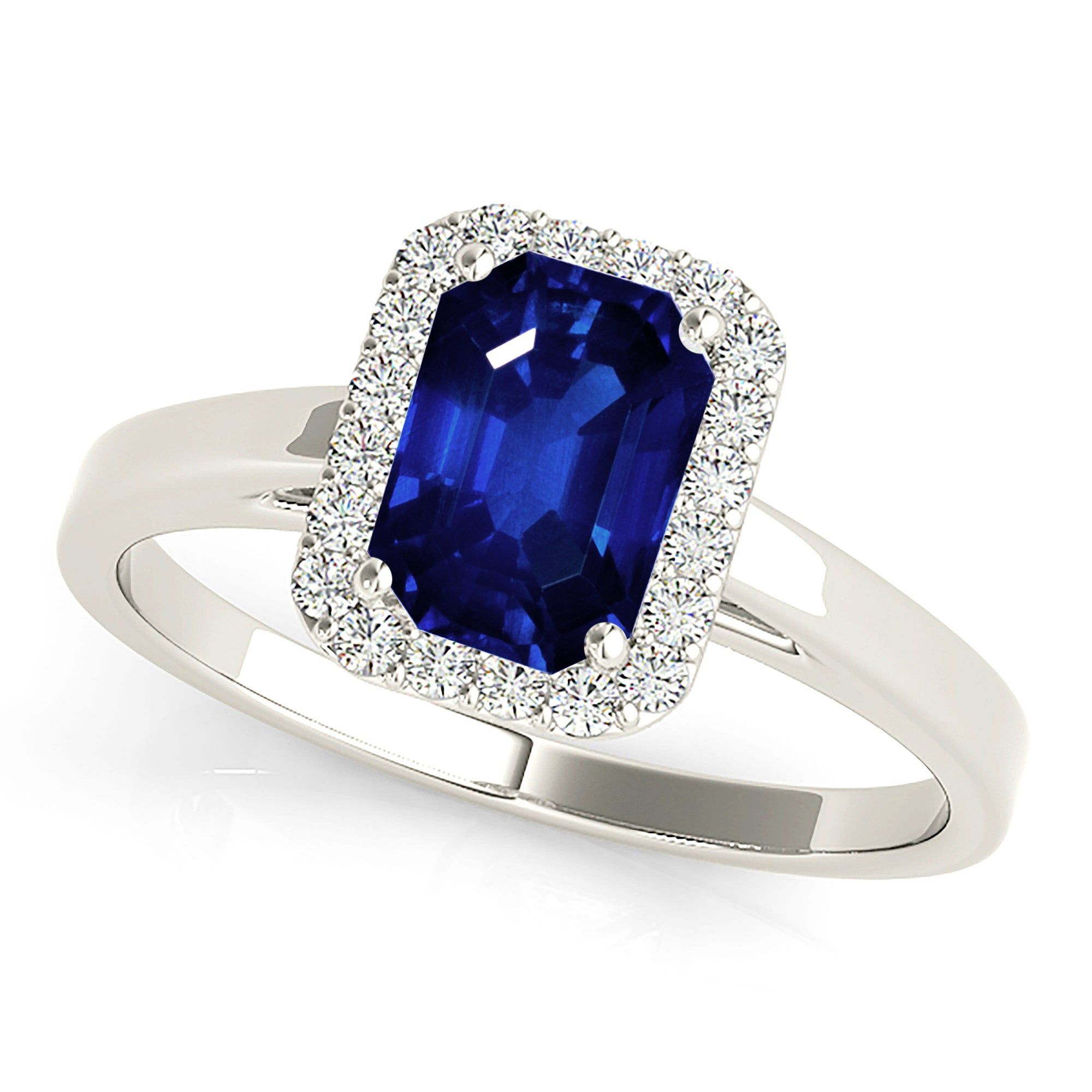 1.15 ct. Genuine Blue Emerald Cut Sapphire Ring With Halo Style  Bespoke Engagement Rings