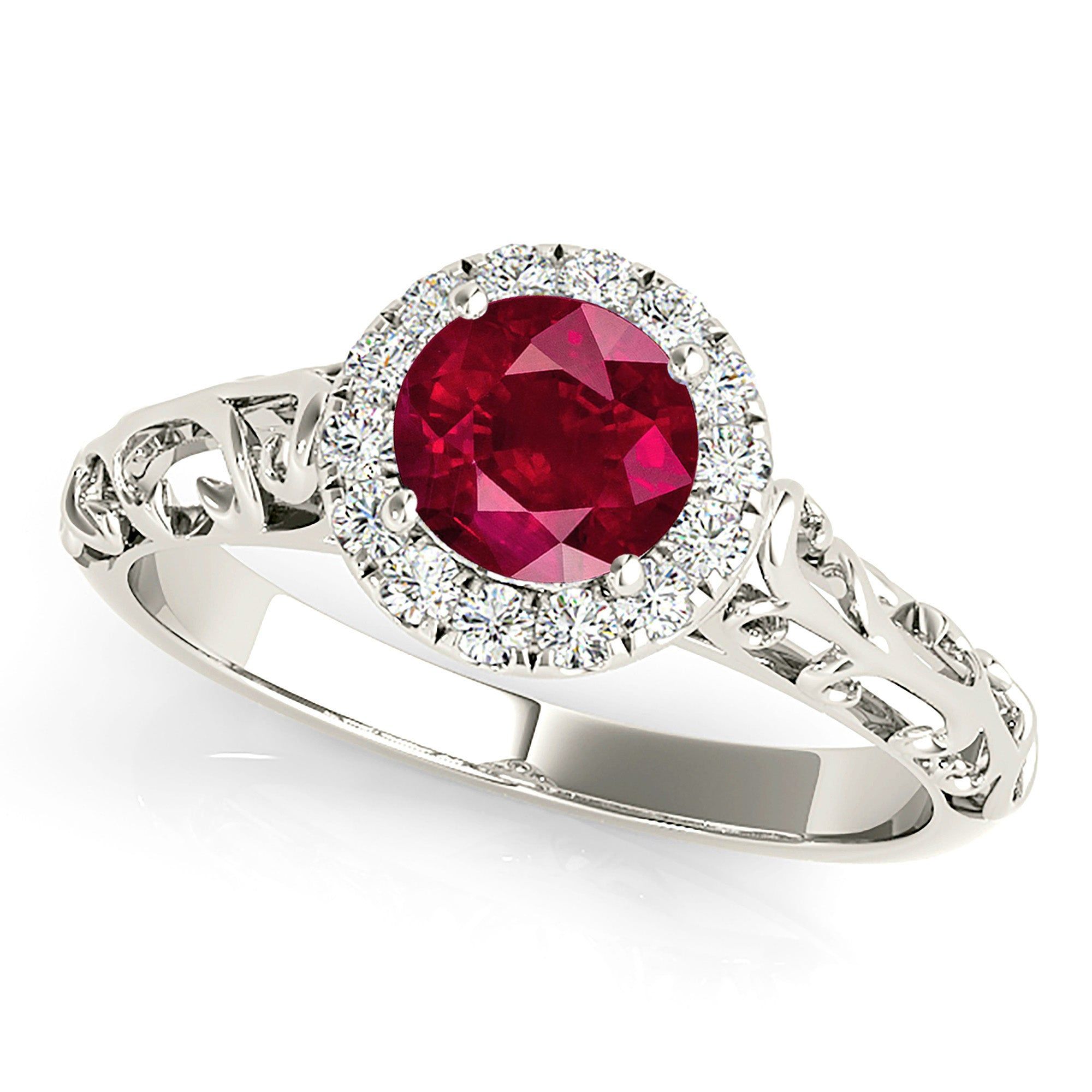 1.15 ct. Genuine Ruby Ring With Halo , Hand Caved Filigree Fancy Band  Custom Mens Wedding Bands