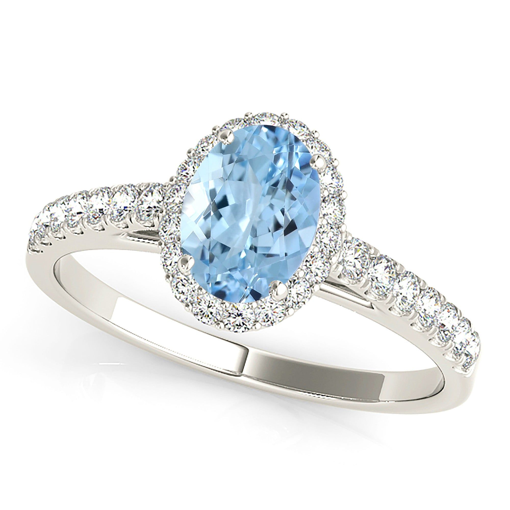 1.30 ct. Genuine Oval Aquamarine Ring With Halo and Delicate Dainty Diamond Band  Custom Bridal Jewelry