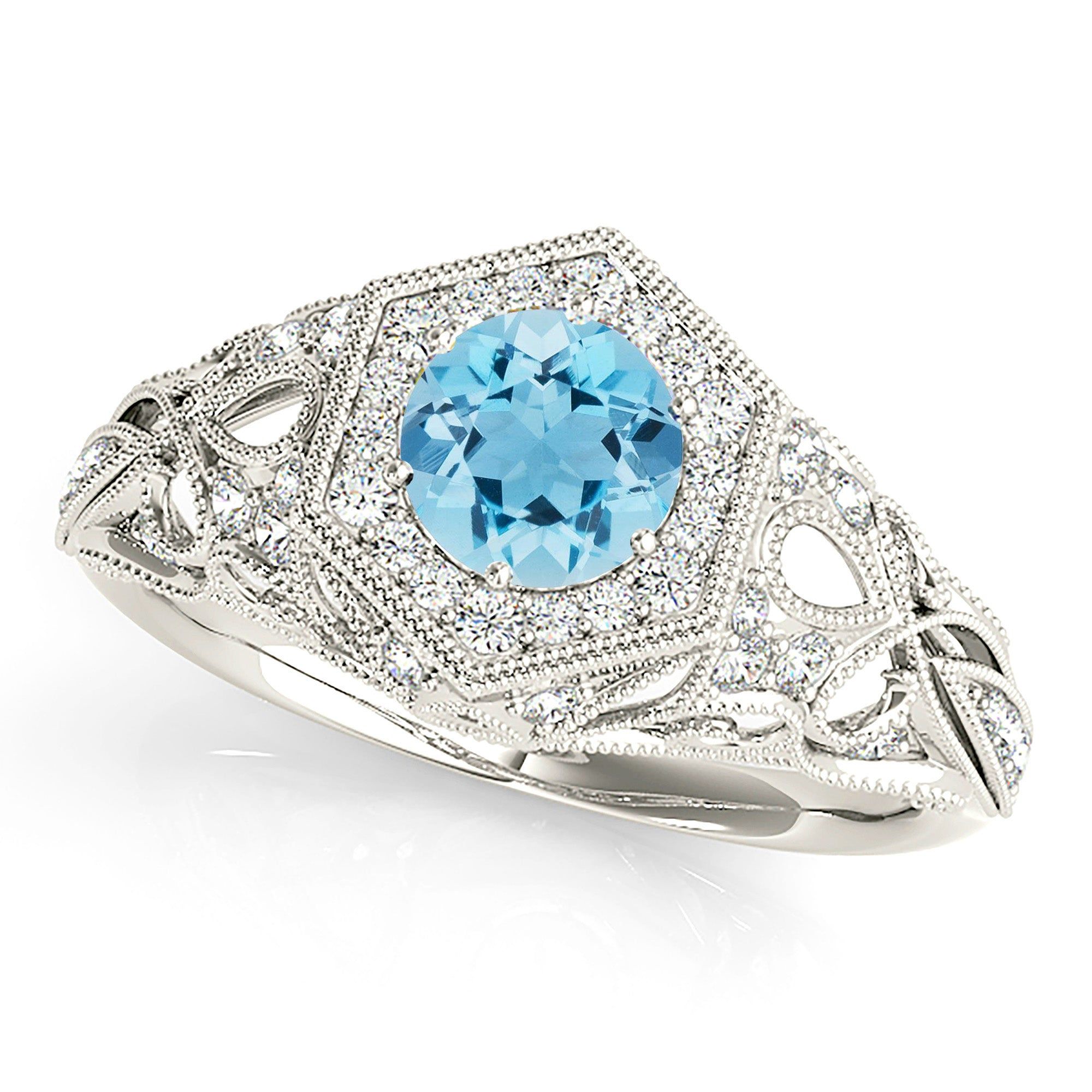 1.10 ct. Genuine Aquamarine Ring With Milgrain Halo,  Diamond Fancy Band   Design Your Own Ring Online