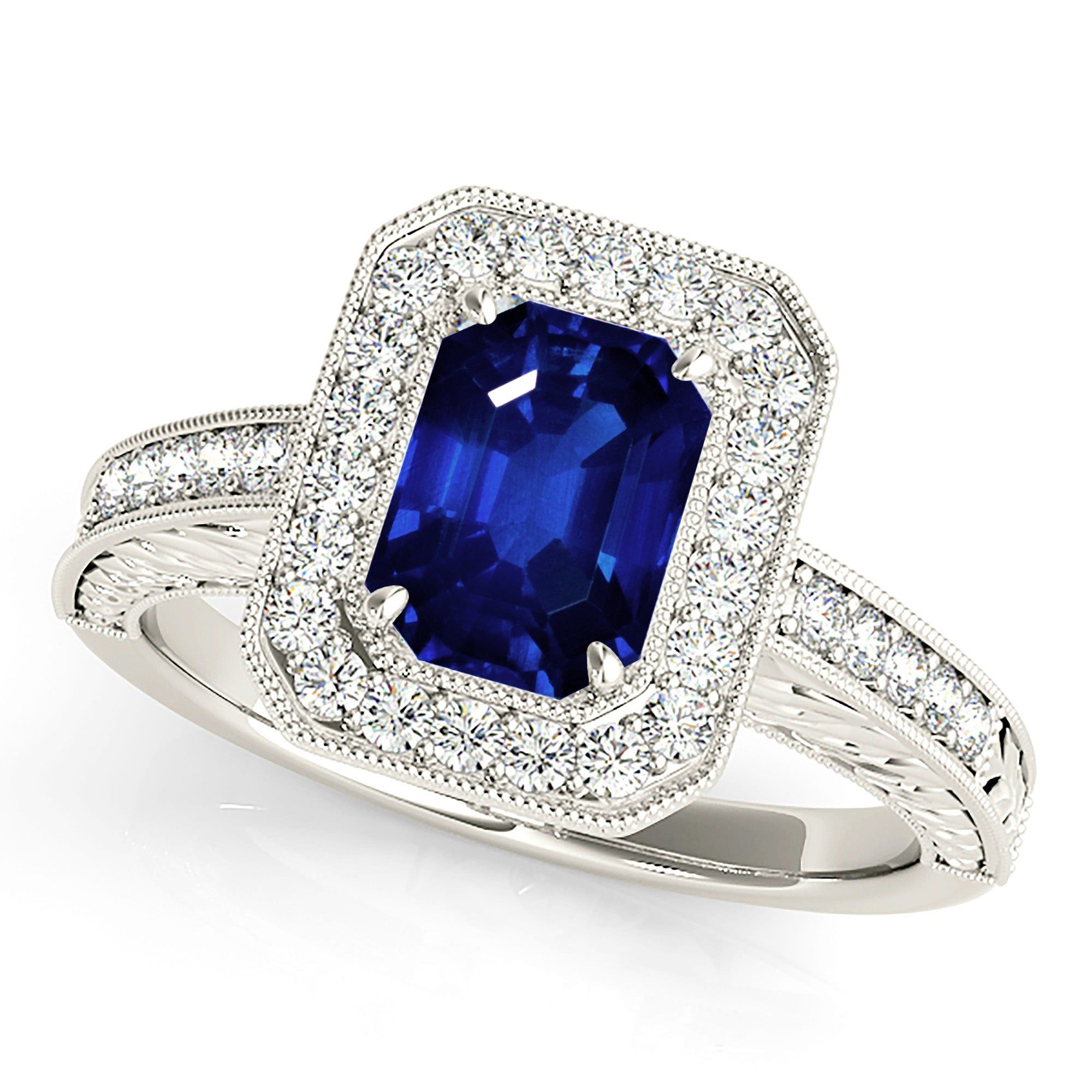 1.15 ct. Genuine Blue Emerald Cut Sapphire Ring with Milgrain Halo Style  Bespoke Engagement Rings