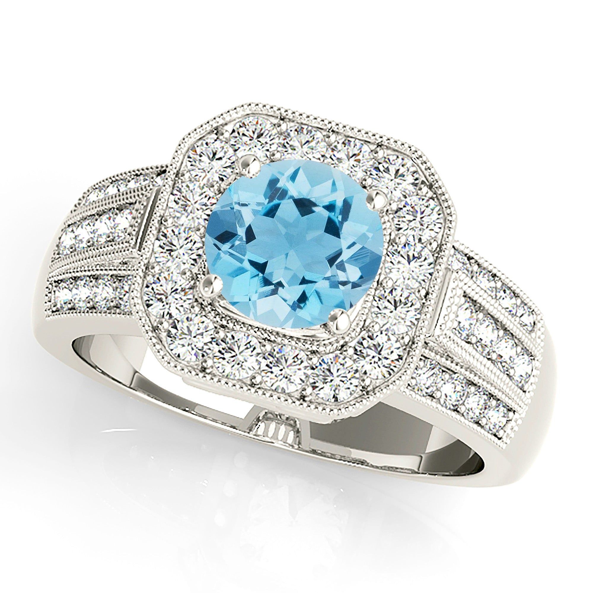 1.10 ct. Genuine Aquamarine Ring With Halo And Triple row Diamond band  Design My Engagement Ring