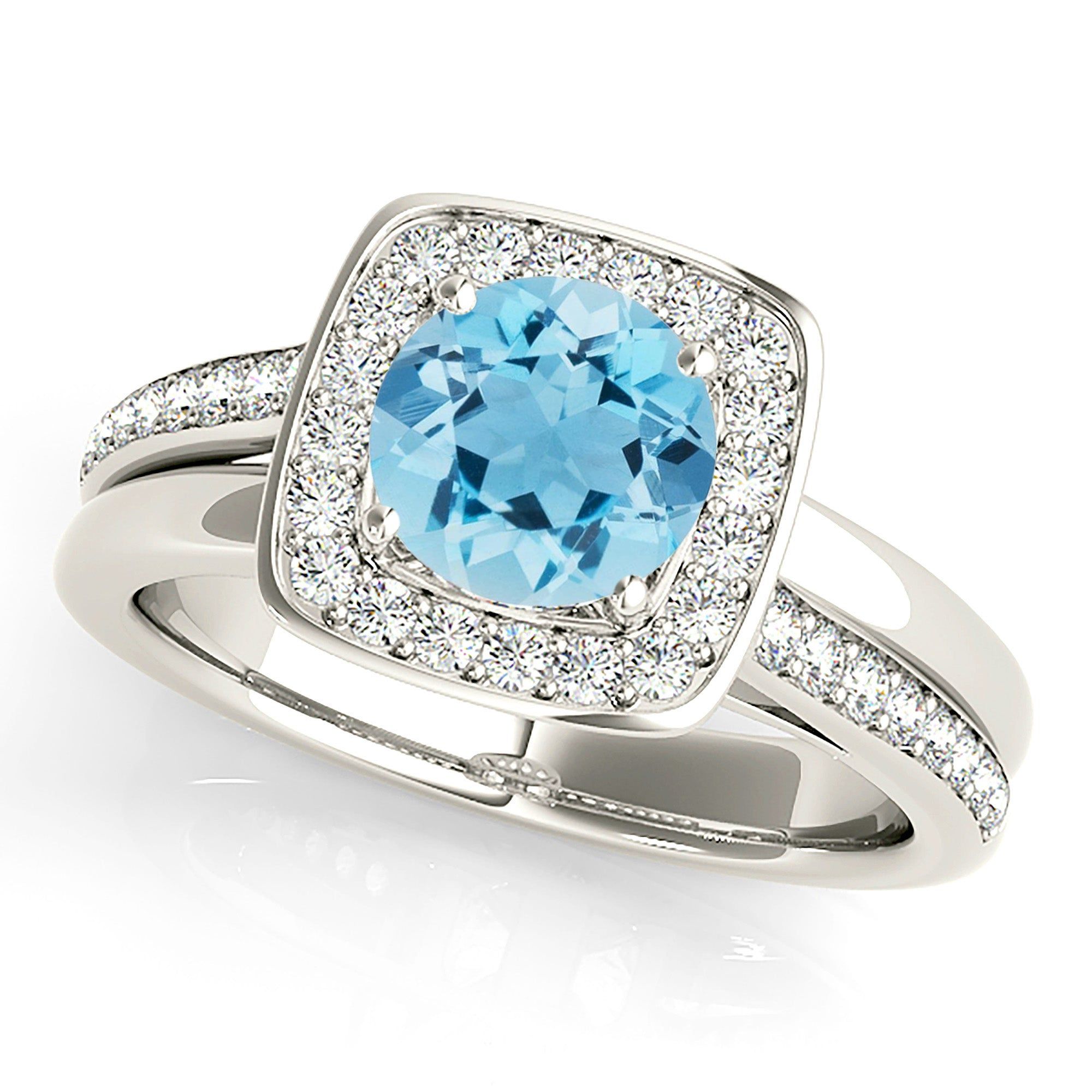 1.10 ct. Genuine Round Aquamarine Ring With Bezel Set Square Halo  Design Your Own Wedding Ring