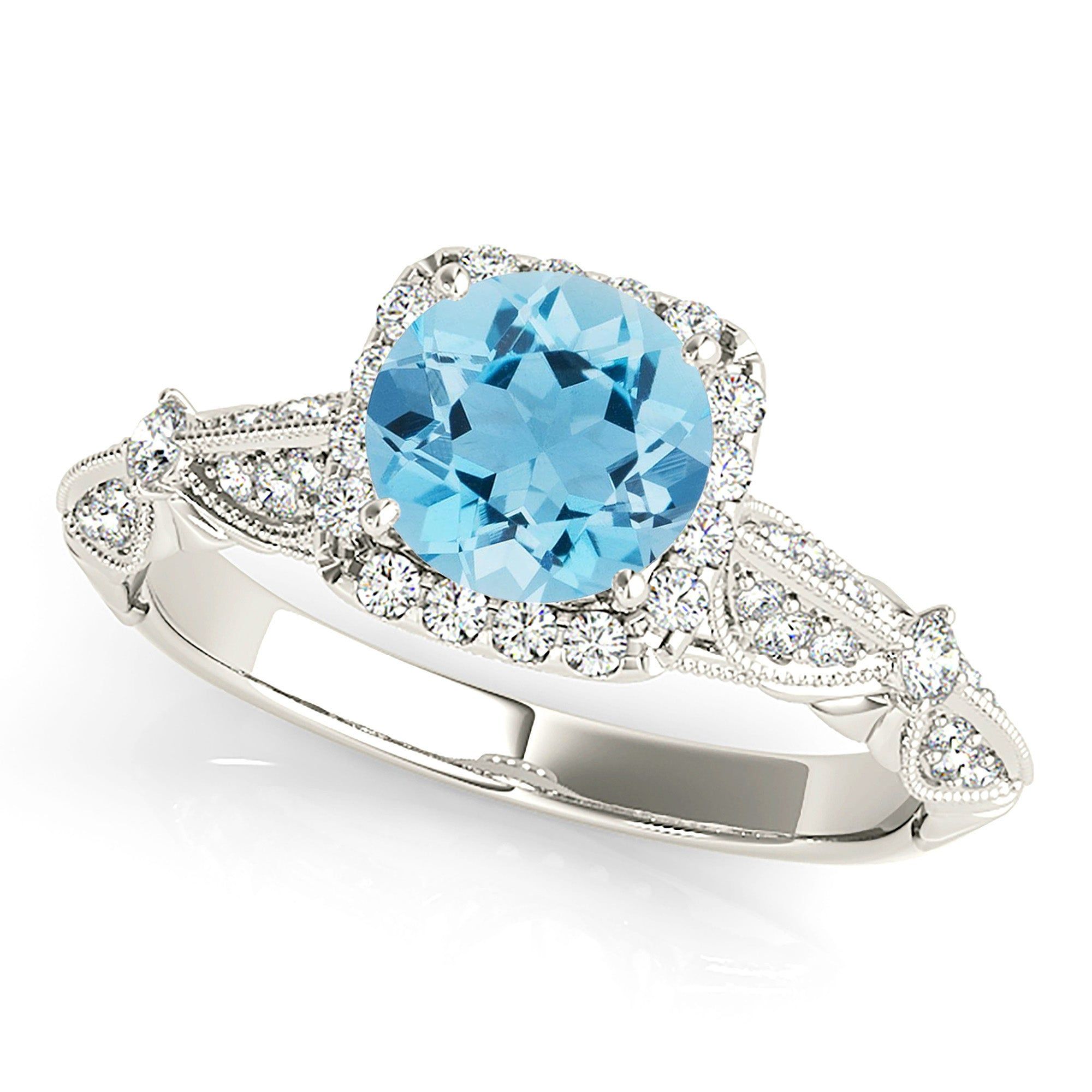 1.10 ct. Genuine Round Aquamarine Ring With Cushion Halo,  Milgrain band  Design Your Own Wedding Ring